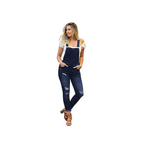 NioBe Clothing Women's Juniors Rolled Cuffs Ankle Length Distressed Denim Overalls